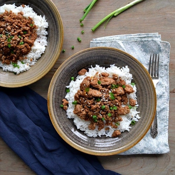 overhead view of two bowls of Korean Turkey over rice