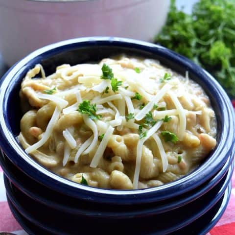 White Chicken Chili Mac & cheese in a bowl