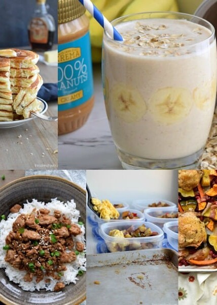 images of pancakes, banana smoothie, korean ground turkey, meal prep potato breakfast, and one pan fall dinner