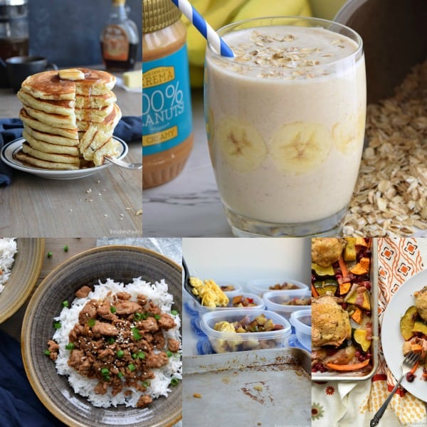 images of pancakes, banana smoothie, korean ground turkey, meal prep potato breakfast, and one pan fall dinner