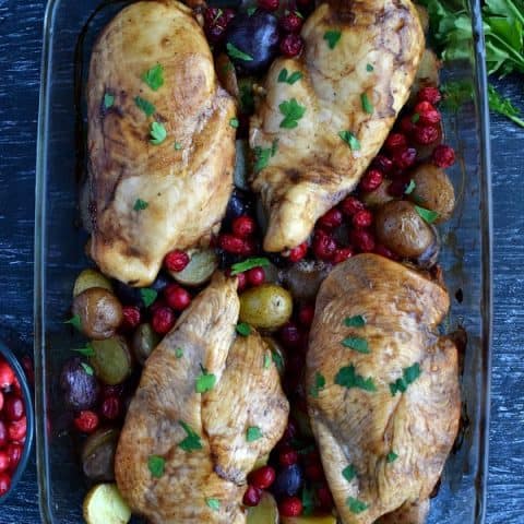 top view of balsamic cranberry chicken bake