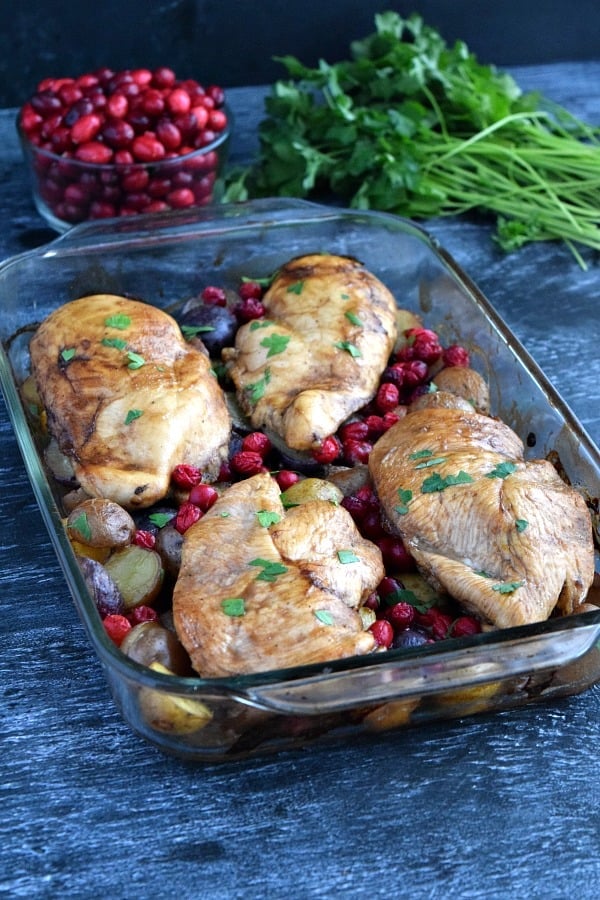 Side view of cooked balsamic cranberry chicken bake