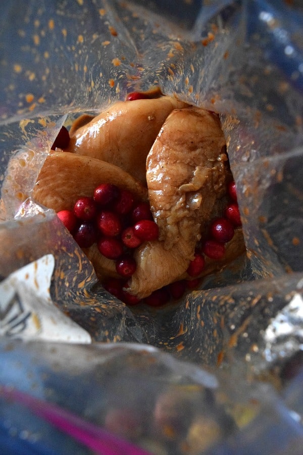 chicken marinading in bag with cranberries