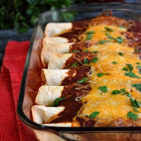 front view of leftover chicken enchiladas lined up in dish