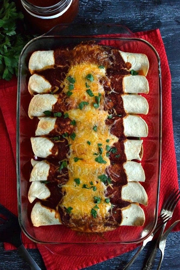 top view of leftover chicken enchiladas
