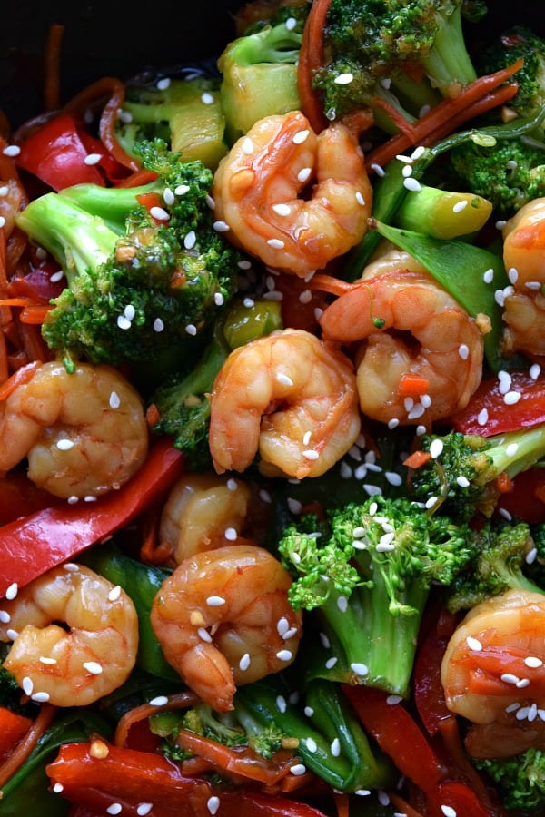 Close up of cooked shrimp stir fry