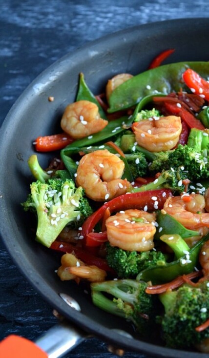 skillet filled with cooked shrimp stir fry