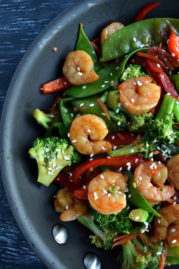 close up view of shrimp stir fry in the skillet