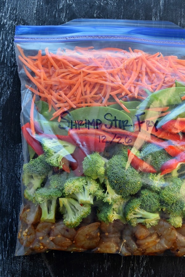 Shrimp Stir Fry Freezer Meal in ziplock bag