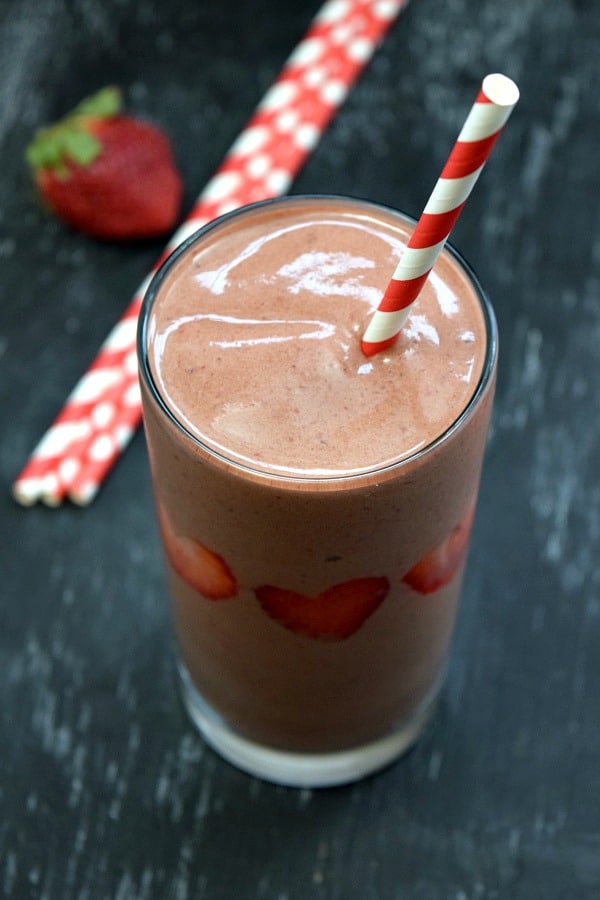 overhead view of strawberry chocolate smoothie