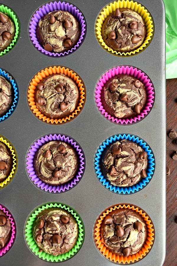overhead shot of black bean muffins in colorful muffin liners