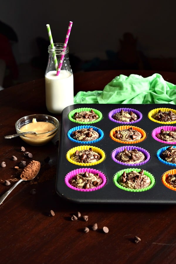 Muffin pan full of Chocolate Peanut Butter Black Bean Muffins