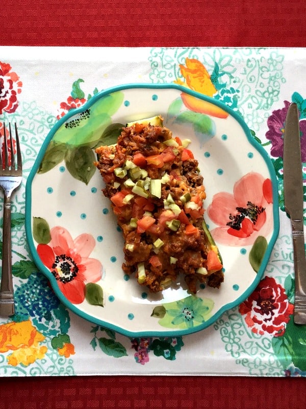 overhead shot of bacon cheeseburger zucchini boats