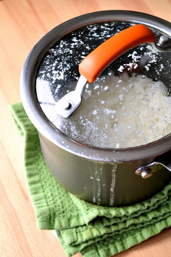 pot with a clear lid showing freshly cooked white rice