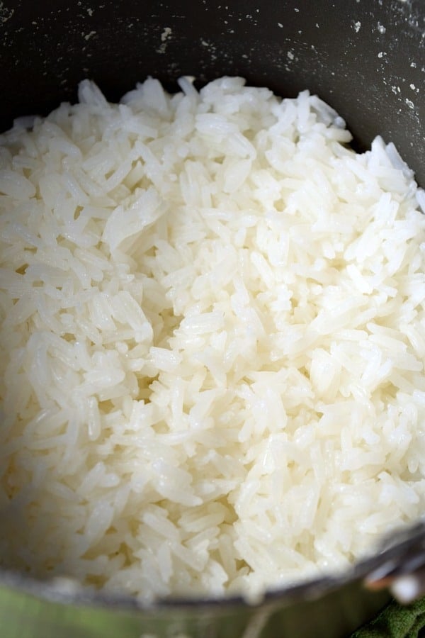 looking inside a pot at freshly cooked white rice