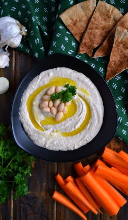 Roasted Garlic White Bean Hummus is extremely creamy and easy to make using just 5 ingredients