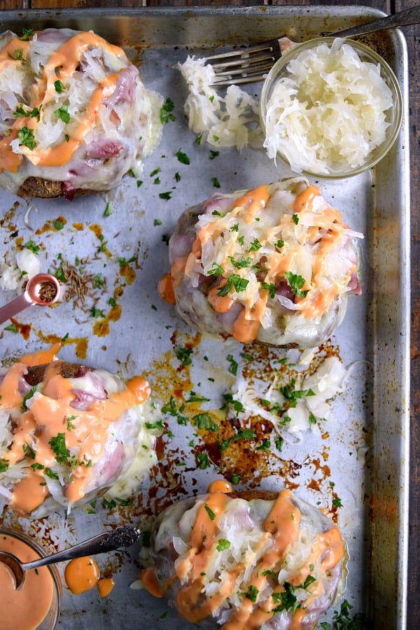 Reuben Stuffed Baked Potatoes close up on a sheet pan