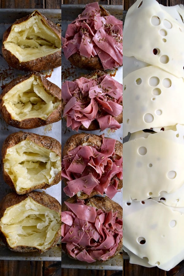 a collage of baked potatoes, corned beef stuffed baked potatoes, and baked potatoes covered with swiss cheese