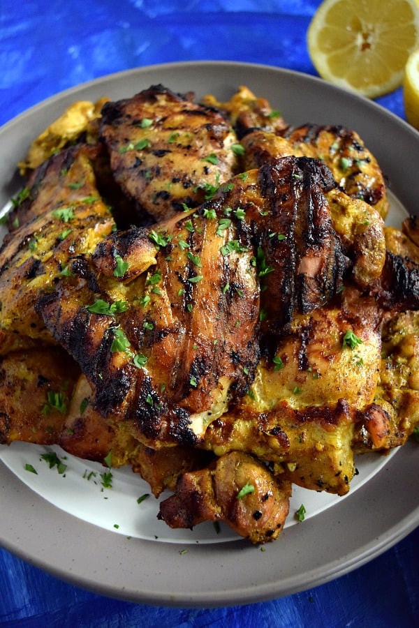 A plate piled high with Grilled Chicken Shawarma thighs