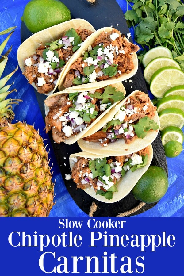 Slow Cooker Chipotle Pineapple Carnitas ~ A delicious twist on this classic Mexican dish made easy in the crockpot #slowcooker #crockpot #carnitas #porkcarnitas