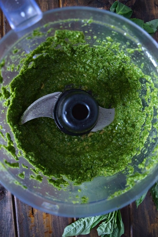 freshly made sunflower seed basil pesto in the food processor