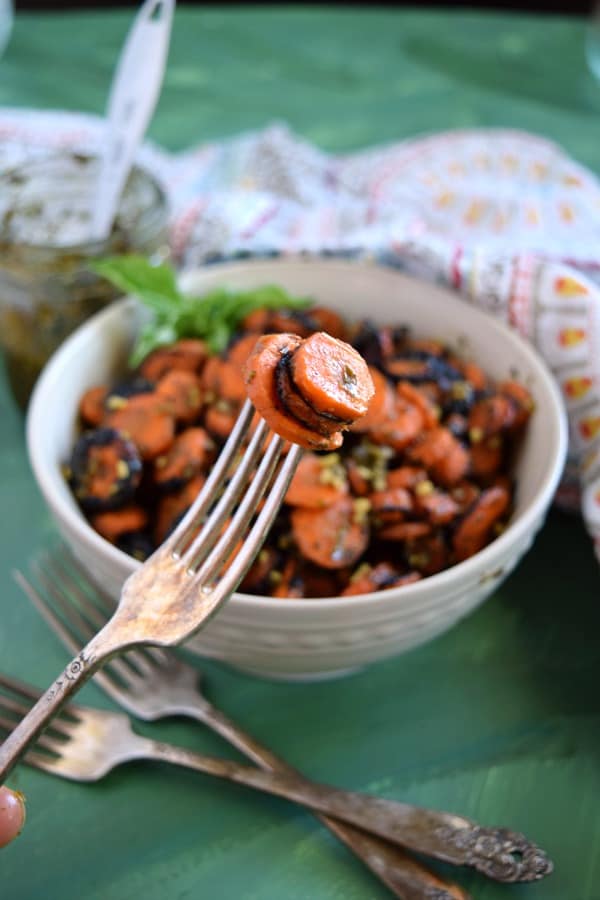 A fork with Pesto Grilled Carrots Recipe