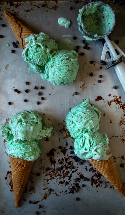 Homemade Mint Chocolate Chip Ice Cream - 3 cones laying on a sheet