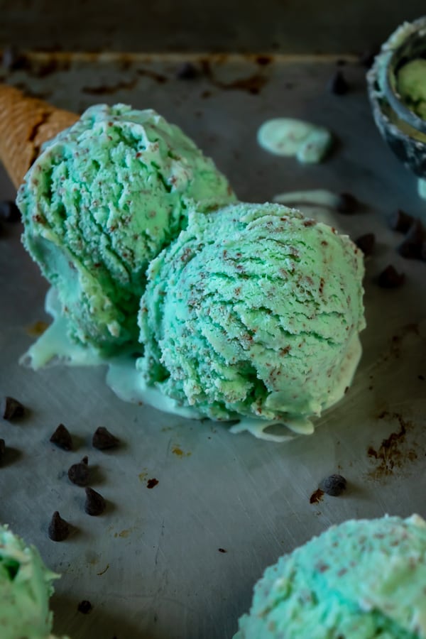 Homemade Mint Chocolate Chip Ice Cream Cone melting on a tray