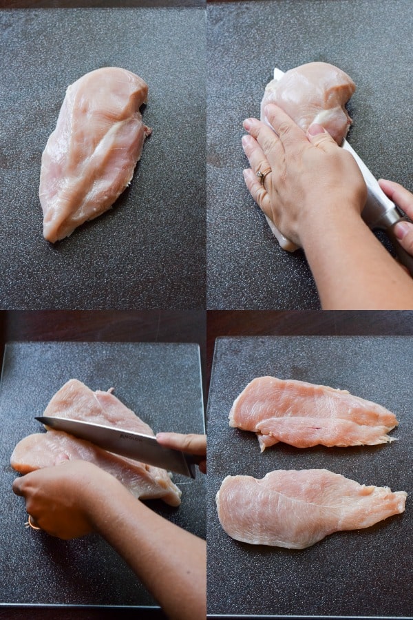 process shots of a chicken breast being cut into a cutlet 