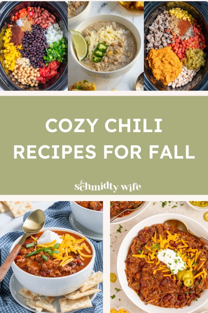 A collage with photos of chili recipes. 