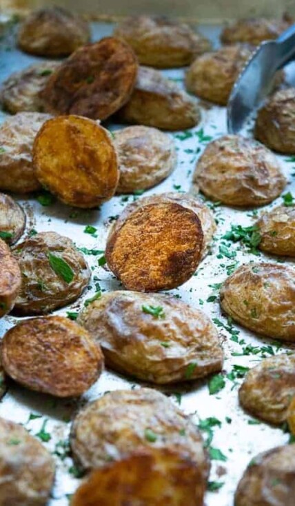 A close up of Crispy Oven Roasted Baby Yukon Potatoes