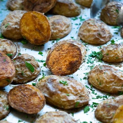 A close up of Crispy Oven Roasted Baby Yukon Potatoes