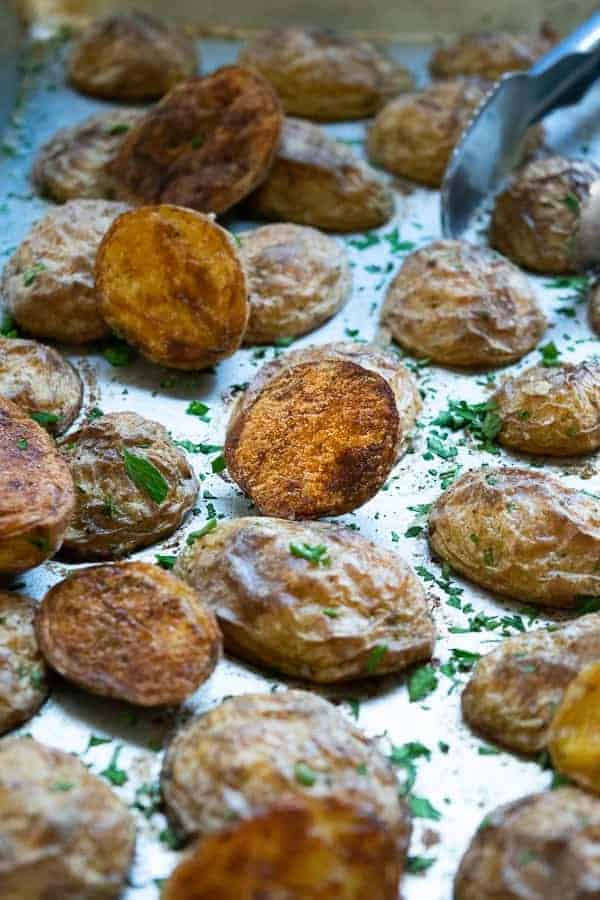 A close up of Crispy Oven Roasted Baby Yukon Potatoes
