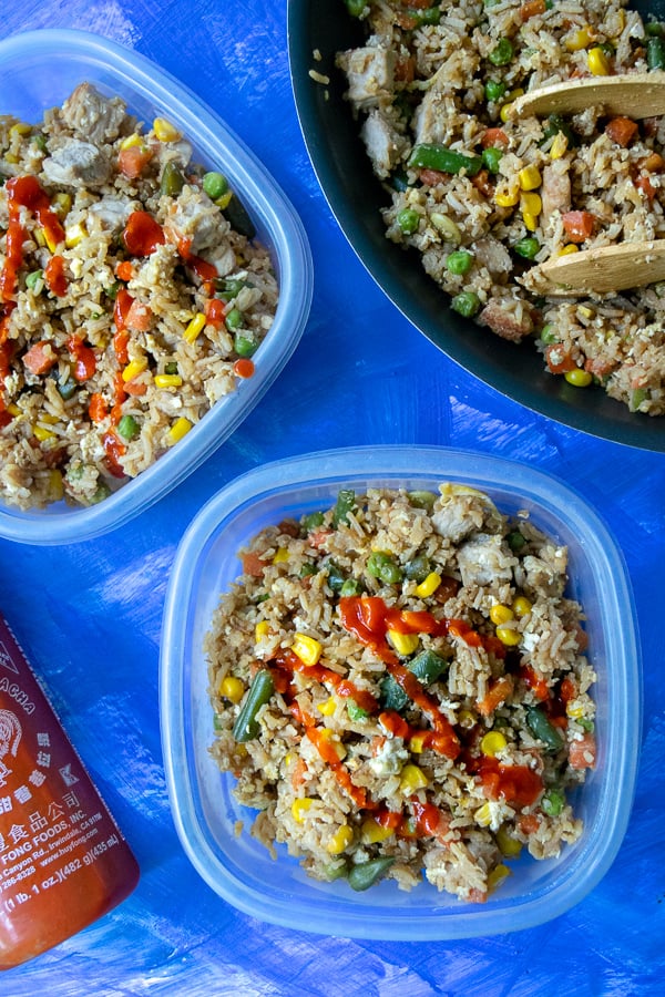 A meal prep container full of Quick Easy Pork Fried Rice