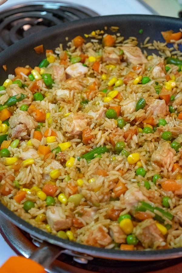 Vegetables, Rice, and Pork in the skillet