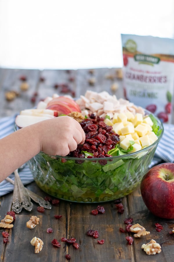 a toddler hand stealing a dried organic cranberry off of a salad