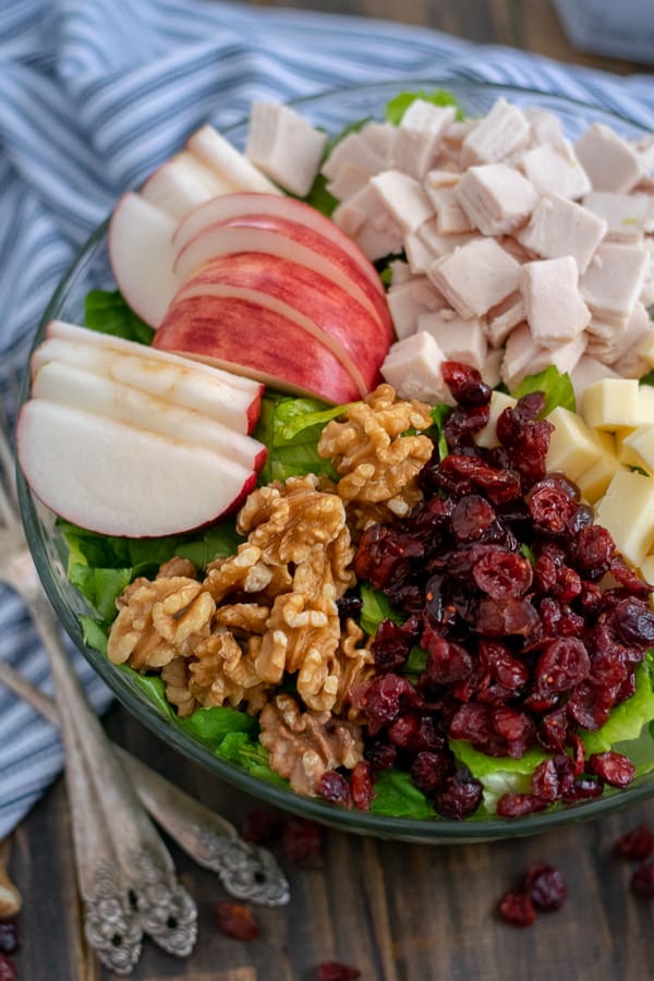 apples, walnuts, dried cranberries, cheddar cheese, and turkey on top of a bowl of lettuce