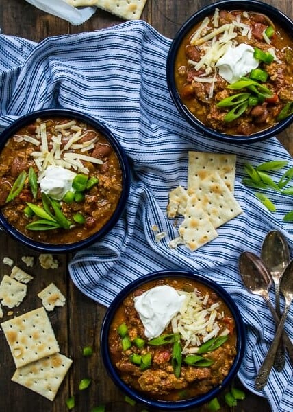 3 bowls of Secret Ingredient Turkey Chili on a tabletop