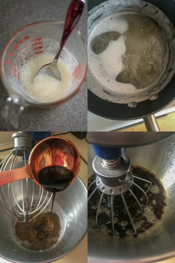 gelatin blooming, sugar boiling, adding spices, and beginning to mix