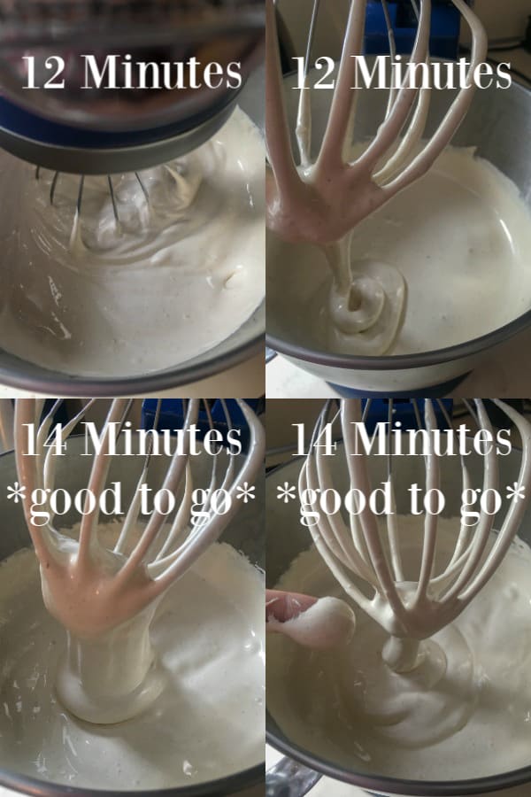 mixing the marshmallows at 12 and 14 minutes and a visual of what it looks like when it is ready to set