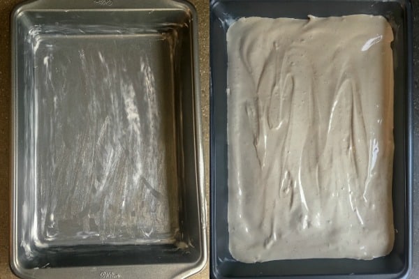 a buttered pan and a full pan of the marshmallows setting