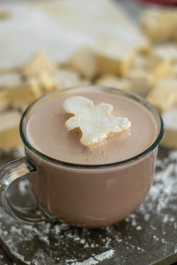 a homemade gingerbread marshmallow in a cup of hot chocolate