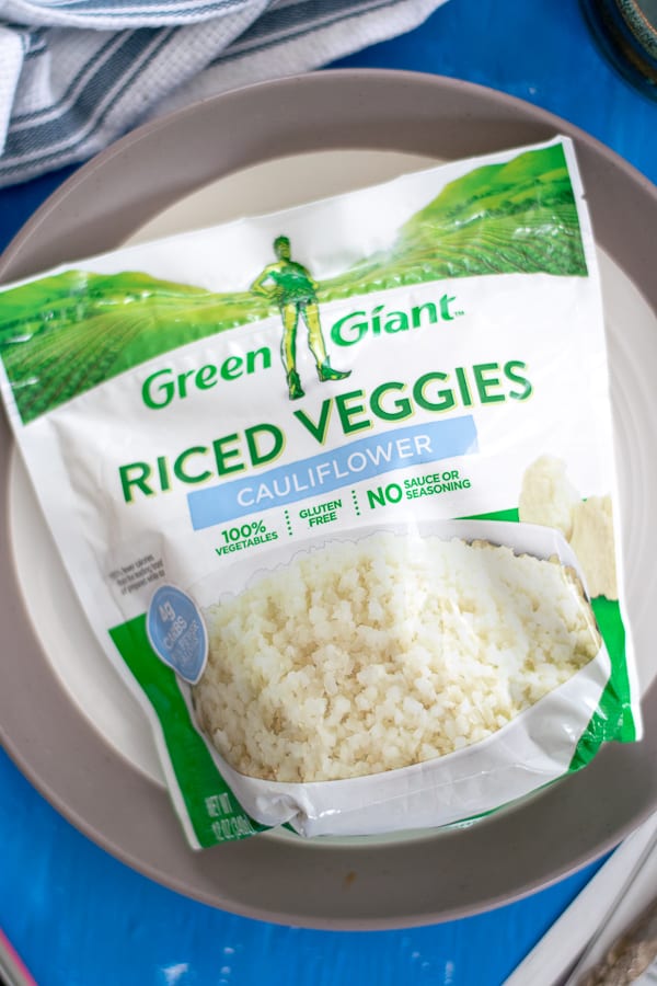 a bag of frozen riced cauliflower, an ingredient in this dish
