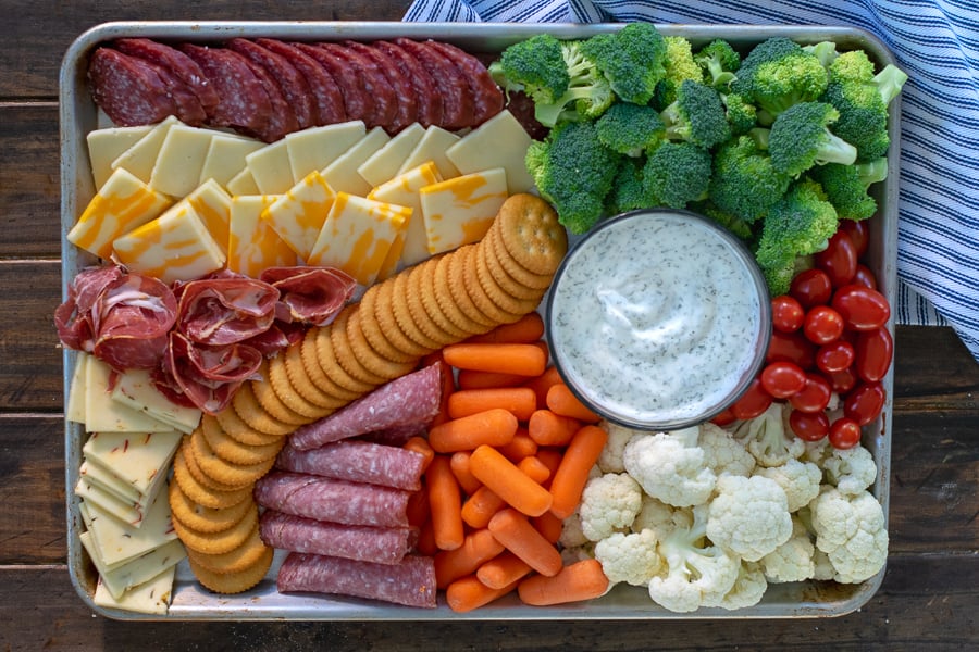 a snack platter made on a sheet pan 