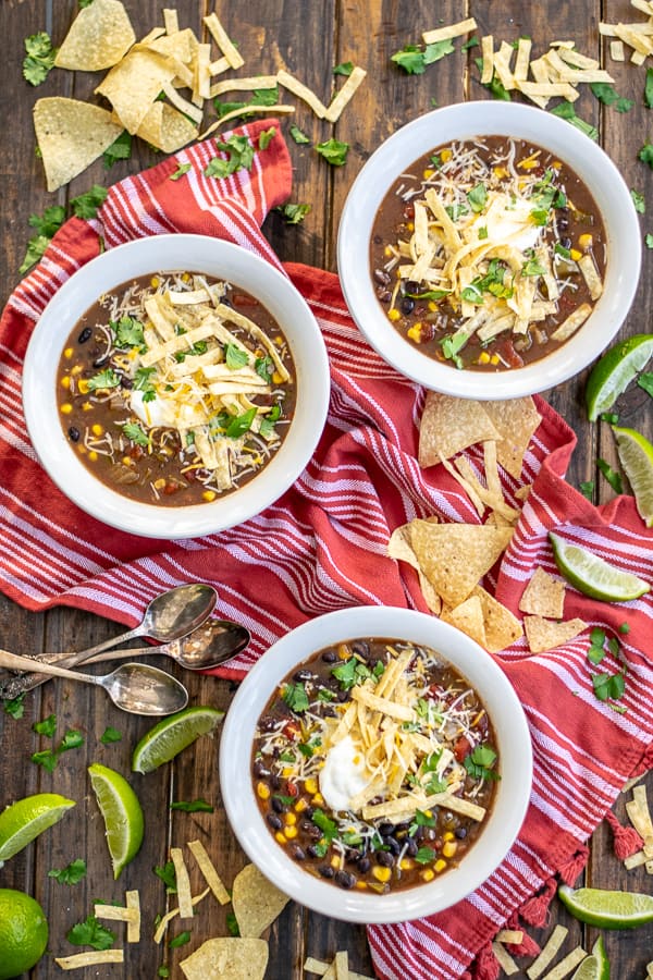 3 bowls of Crockpot Black Bean Tortilla Soup