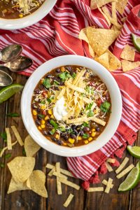Overhead shot of a bowl of Slow Cooker Black Bean Tortilla Soup