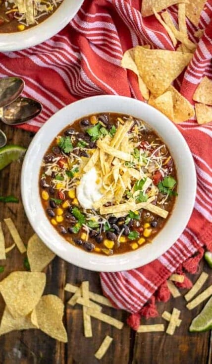 Overhead shot of a bowl of Slow Cooker Black Bean Tortilla Soup