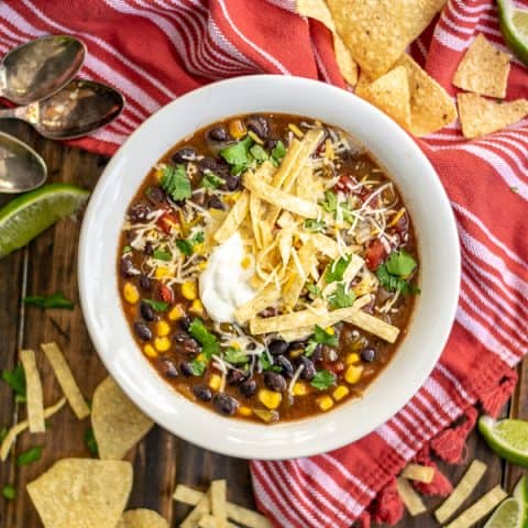 Overhead shot of a bowl of Slow Cooker Black Bean Tortilla Soup