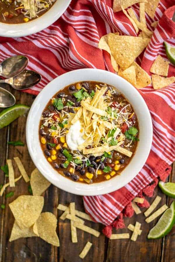 Overhead shot of a bowl of Slow Cooker Black Bean Tortilla Soup