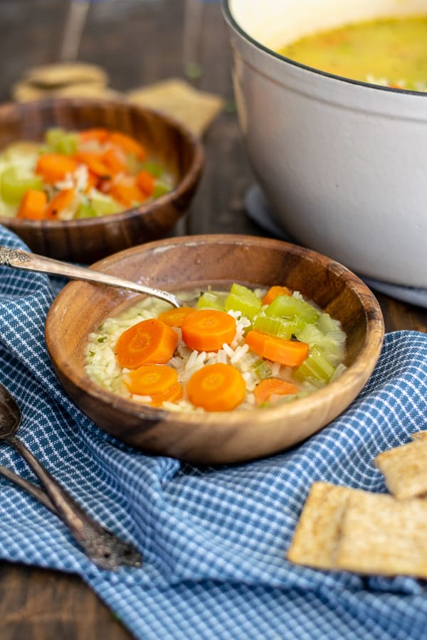 a bowl of simple veggie and rice soup